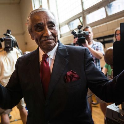 NEW YORK, NY - JUNE 24: Rep. Charlie Rangel (D-NY) gives a thumbs up after voting in the Democratic Primary for the 13th District congressional district of New York on June 24, 2014 in the Harlem neighborhood of New York City. The 84-year-old congressman faces a tight Democratic primary election against state Sen. Adriano Espaillat. (Photo by Andrew Burton/Getty Images)