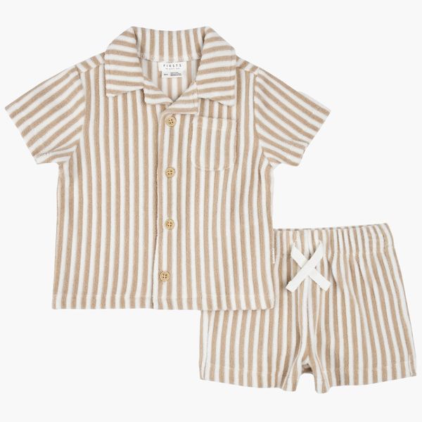 Petit Lem Stripe Terry Camp Shirt & Shorts Set