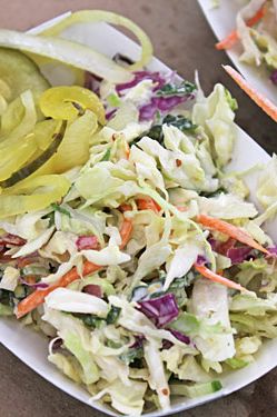 Coleslaw with white and red cabbage, bok choy, mustard greens, red peppers