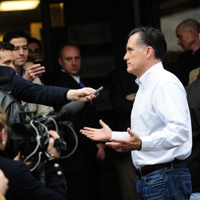 Republican presidential hopeful Mitt Romney talks to reporters after visiting his party headquarters in Greenville, South Carolina, January 21, 2012. South Carolina holds its Republican primary on January 21, 2012. AFP PHOTO/Emmanuel Dunand (Photo credit should read EMMANUEL DUNAND/AFP/Getty Images)