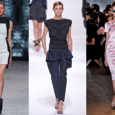 From left: new spring looks from Gareth Pugh, Dries Van Noten, and Rochas.