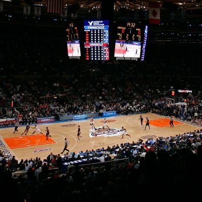 A general view at the opening tip off between the Connecticut Huskies and the Louisville Cardinals during the championship of the 2011 Big East Men's Basketball Tournament at Madison Square Garden on March 12, 2011 in New York City.