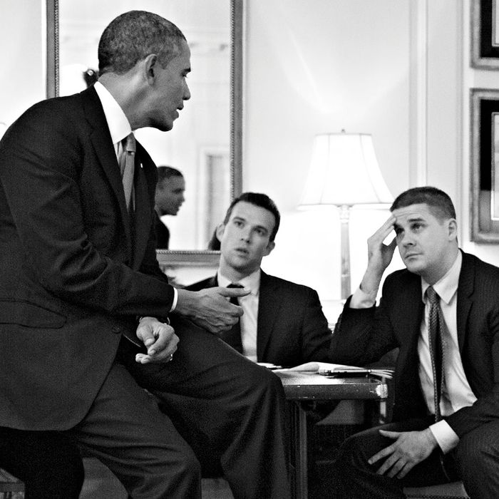 President Barack Obama works on his speech regarding Syria during podium speech prep in the Map Room of the White House, Sept. 10, 2013. Participating are: former Director of Speechwriting Jon Favreau; Director of Speechwriting Cody Keenan; Senior Advisor Dan Pfeiffer; and Ben Rhodes, Deputy National Security Advisor for Strategic Communications. (Official White House Photo by Pete Souza)This official White House photograph is being made available only for publication by New York Magazine and/or for personal use printing by the subject(s) of the photograph. The photograph may not be manipulated in any way and may not be used in commercial or political materials, advertisements, emails, products, promotions that in any way suggests approval or endorsement of the President, the First Family, or the White House.