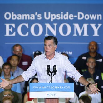 IRWIN, PA - JULY 17: Republican presidential candidate and former Massachusetts Gov. Mitt Romney speaks at a campaign rally at Horizontal Wireline Services July 17, 2012 in Irwin, Pennsylvania. Romney is campaigning today and tomorrow in the battleground states of Pennsylvania and Ohio as speculation on his vice presidential candidate continues to build. (Photo by Win McNamee/Getty Images)