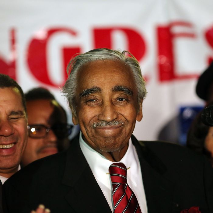 NEW YORK, NY - JUNE 26: Congressman Charles Rangel speaks after declaring himself the winner in the race for the Democratic primary challenge in New York's 15th congressional district on June 26, 2012 in New York City. After a more than four-decades-long congressional career, Rangel fought for the Democratic nomination in a newly re-drawn congressional district that is no longer dominated by African Americans. The 82-year-old Rangel was locked in a race Tuesday for the nomination in his Harlem-area district with New York state Sen. Adriano Espaillat. Espaillat, a 57-year-old Dominican-American, showed growing popularity in a district that now has more Latino-Americans than African-Americans. (Photo by Spencer Platt/Getty Images)
