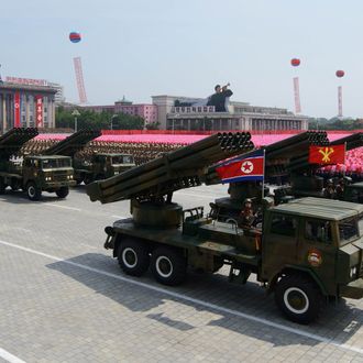 North Korean rocket launchers pass through Kim Il-Sung square during a military parade marking the 60th anniversary of the Korean war armistice in Pyongyang on July 27, 2013. 