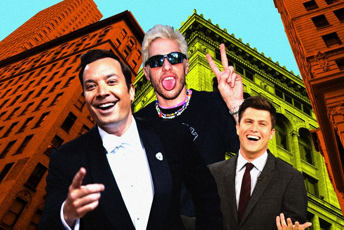 Three comedians from SNL: Jimmy Fallon, Pete Davidson, Colin Jost, against the backdrop of buildings