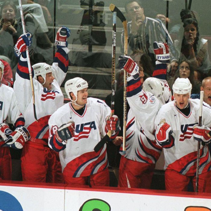 14 Sep 1996: Team USA celebates on the bench after Tony Amonte's winning goal against Canada to win the World Cup of Hockey at Molson Centre in Montreal, Quebec, Canada. The USA won the game 5-2 and the final series 2-1. Mandatory Credit: Glenn Cratty/Al