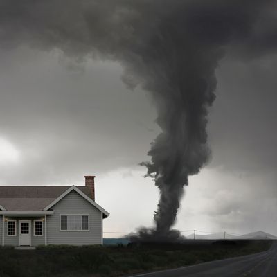Tornado approaching house in rural landscape