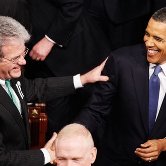 WASHINGTON, DC - JANUARY 25: U.S President Barack Obama (R) greets Senator Tom Coburn (R-OK) before the State of the Union address on Capitol Hill on January 25, 2011 in Washington, DC. During his speech Obama was expected to focus on the U.S. economy and increasing education and infrastructure funding while proposing a three-year partial freeze of domestic programs and $78 billion in military spending cuts. (Photo by Chip Somodevilla/Getty Images) *** Local Caption *** Barack Obama;Tom Coburn