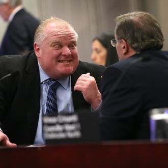 TORONTO, ON - JANUARY 22: Mayor Rob Ford with Budget Chief, councillor Frank DiGiorgio at the Executive Committee budget meeting at City Hall in Toronto on January 22, 2014.