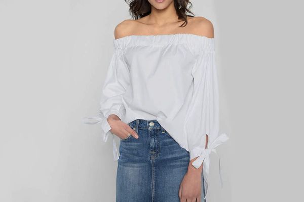 7 for All Mankind Off Shoulder Tie Top in White