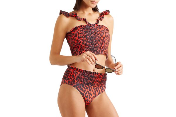 Ganni Shirred leopard-print bikini