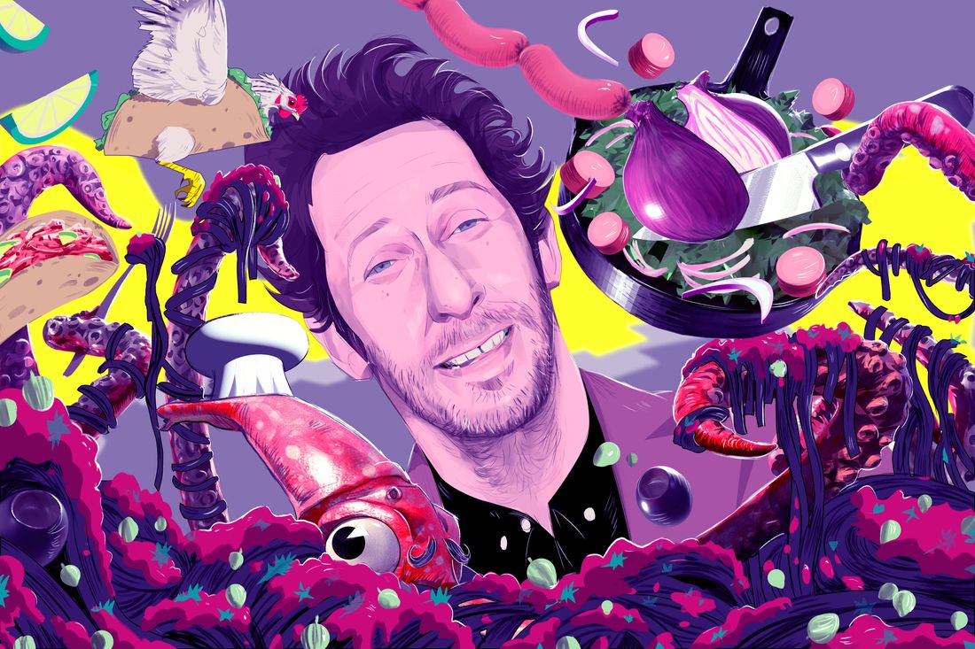 An illustration of the actor Tim Blake Nelson surrounded by squid ink pasta, with a chicken taco flying overhead.