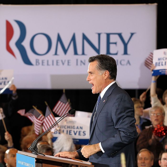 NOVI, MI - FEBRUARY 28: Republican presidential candidate and former Massachussetts Gov. Mitt Romney speaks during a primary night gathering at the Suburban Collections Showplace on February 28, 2012 in Novi, Michigan. Romney celebrated primary victories in Arizona and Michigan. (Photo by Justin Sullivan/Getty Images)