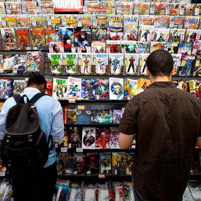 Marvel comic books sit on display at Midtown Comics in New Y