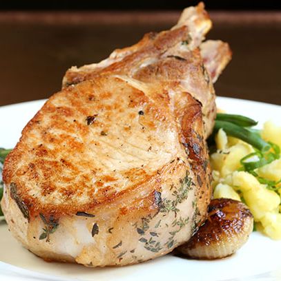 onions agrodolce, crispy fingerlings, green beans, mustard jus