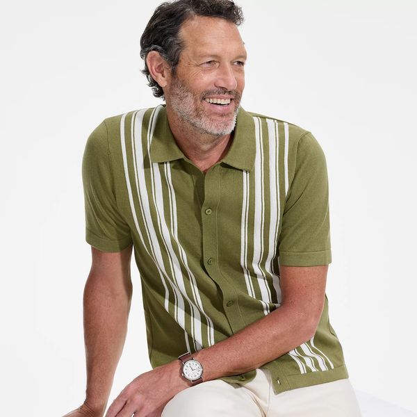 Lands’ End Men’s Short Sleeve Striped Button Through Sweater Polo
