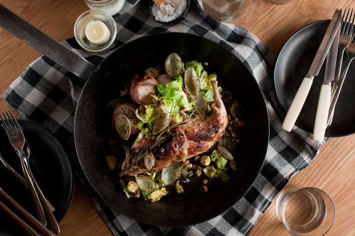 Spit-roasted rabbit, hazelnut Brussels sprouts, pancetta.