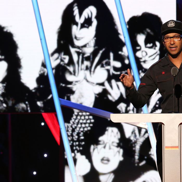 Musician Tom Morello speaks onstage at the 29th Annual Rock And Roll Hall Of Fame Induction Ceremony at Barclays Center of Brooklyn on April 10, 2014 in New York City. 