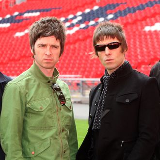 LONDON - OCTOBER 16: (UK TABLOID NEWSPAPERS OUT) L-R Noel Gallagher and Liam Galllagher attend the Oasis photocall in Wembley Stadium to promote their new album 'Dig out Your Soul' released on October 6, and their two sold out concerts at Wembley Arena, on October 16, 2008 in London, England. (Photo by Dave Hogan/Getty Images)