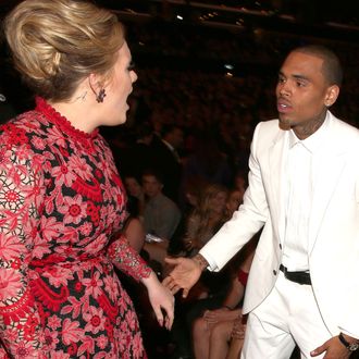 Singer Adele and singer Chris Brown attend the 55th Annual GRAMMY Awards at Staples Center on February 10, 2013 in Los Angeles, California.