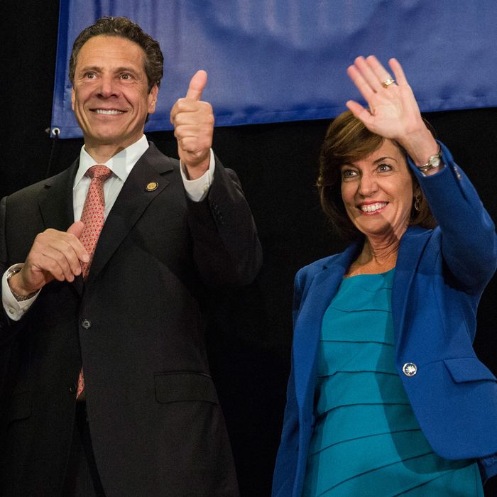 NEW YORK, NY - SEPTEMBER 08: New York Governor Andrew Cuomo (L) and his choice for Lieutenant Governor, former congresswoman Kathy Hochul, campaign together at the Hotel Trade Council during a reelection campaign event on September 8, 2014 in New York City. New York State voters will vote in the primary election tomorrow, September 9; Governor Cuomo is hoping to beat out unexpected challenger Zephyr Teachout to gain the democratic bid. (Photo by Andrew Burton/Getty Images)
