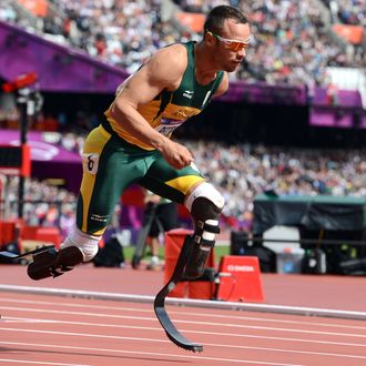 21 Feb 2013, London, England, UK --- Double amputee Oscar Pistorius of South Africa competes in the 400 meters in the 2012 London Olympics.