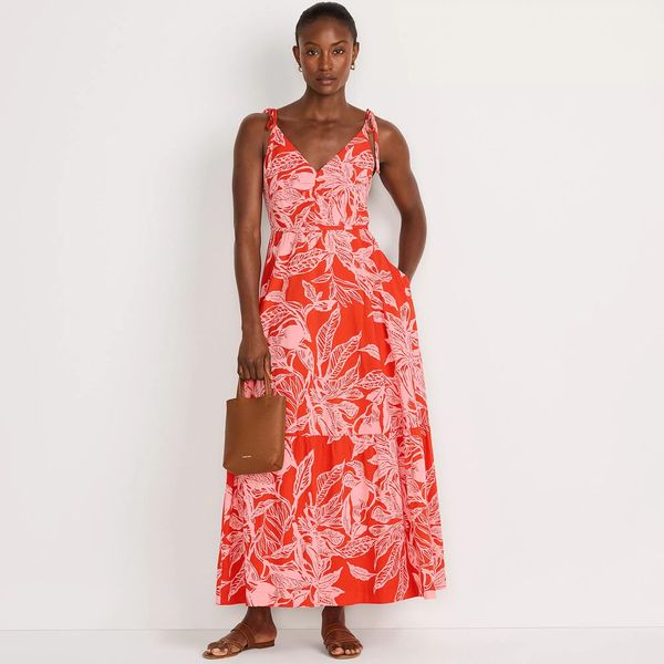 Lands' End Women's Cotton Voile Vneck Tie Strap Maxi Dress