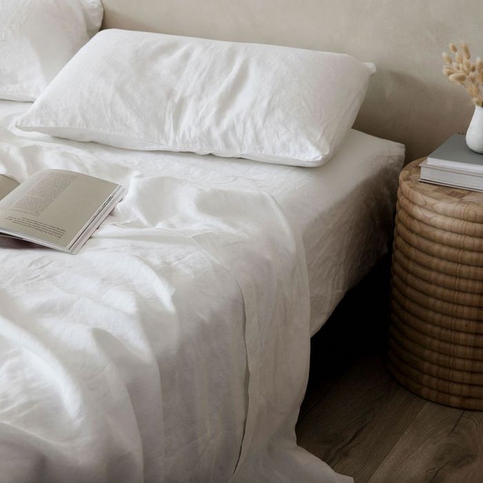 A bed made with linen sheets — the Strategist reviews the best linen bedsheets.