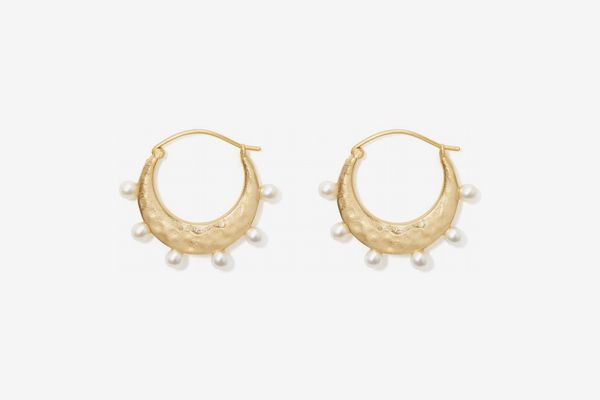 Hammered Crescent Pearl Hoop Earrings