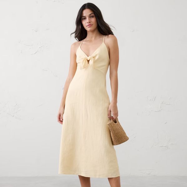 Banana Republic Factory Linen-Blend Tie-Front Midi Dress
