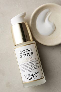 Sunday Riley Good Genes All-in-One Lactic Acid Treatment bottle reading “ALL-IN-ONE LACTIC ACID TREATMENT deeply exfoliates the dull surface of the skin for clarity, radiance, and younger-looking skin. Visibly brightens the appearance of age spots and discolorations. Instantly plumps the look of fine lines and wrinkles in 3 minutes” . The Strategist - 48 Things on Sale You’ll Actually Want to Buy: From Sunday Riley to Patagonia