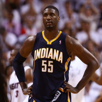 MIAMI, FL - MAY 30: Roy Hibbert #55 of the Indiana Pacers looks on after a play in the second half against the Miami Heat during Game Five of the Eastern Conference Finals at AmericanAirlines Arena on May 30, 2013 in Miami, Florida. NOTE TO USER: User expressly acknowledges and agrees that, by downloading and or using this photograph, user is consenting to the terms and conditions of the Getty Images License Agreement. (Photo by Streeter Lecka/Getty Images)