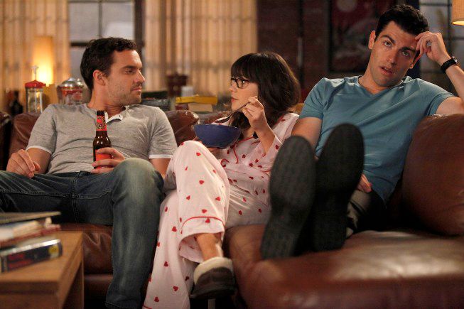 NEW GIRL:  Jess (Zooey Deschanel, C) joins Nick (Jake Johnson, L) and Schmidt (Max Greenfield, R) during their guy time in the &quot;Naked&quot; episode of NEW GIRL airing Tuesday, Nov. 1 (9:00-9:30 PM ET/PT) on FOX.&#xa9;2011 Fox Broadcasting Co.  Cr:  Greg Gayne/FOX