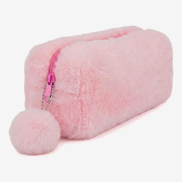 Pink Fluffy Pencil Case with Pom Pom Charm
