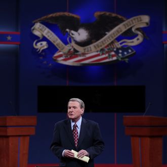 DENVER, CO - OCTOBER 03: Debate moderator Jim Lehrer speaks prior to the Presidential Debate at the University of Denver on October 3, 2012 in Denver, Colorado. The first of four debates for the 2012 Election, three Presidential and one Vice Presidential, is moderated by PBS's Jim Lehrer and focuses on domestic issues: the economy, health care, and the role of government. (Photo by Win McNamee/Getty Images)