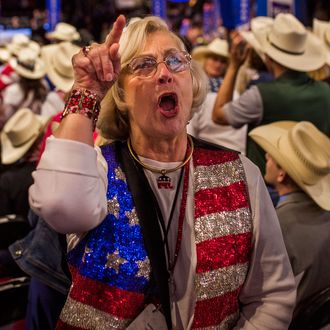 Delegate shouts facing the tribune were the TV station are based during the Republican National Convention, Wednesday, July 20, 2016. (Photo/Andres Kudacki)