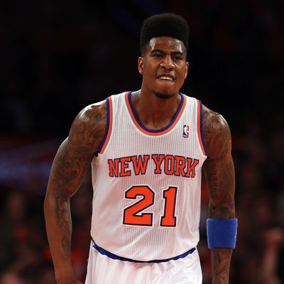 NEW YORK, NY - MAY 05: Iman Shumpert #21 of the New York Knicks celebrates his basket in the first half against the Indiana Pacers during Game One of the Eastern Conference Semifinals of the 2013 NBA Playoffs on May 5, 2013 at Madison Square Garden in New York City. NOTE TO USER: User expressly acknowledges and agrees that, by downloading and/or using this photograph, user is consenting to the terms and conditions of the Getty Images License Agreement. (Photo by Elsa/Getty Images)