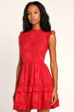 Lulus True as Can Be Red Burnout Floral Ruffled Mini Dress