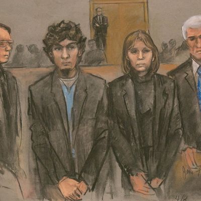An artist sketch of Dzhokhar Tsarnaev (2L) and his defense team as the guilty verdicts on all charges were read in the John J Moakley Federal Courthouse against Tsamaev in the Boston Marathon bombing trial in Boston, Massachusetts, USA, 08 April 2015. Dzhokhar Tsarnaev along with his brother Tamerlan Tsarnaev set off home made bombs at the Boston Marathon on 15 April 2013 killing three people and injuring hundreds. EPA/JANE FLAVELL COLLINS --- Image by ? JANE FLAVELL COLLINS/epa/Corbis