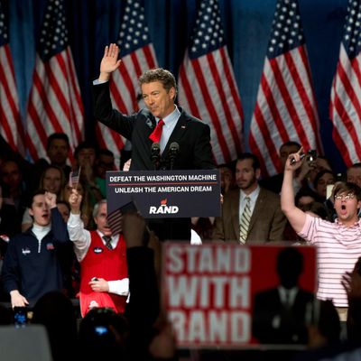 Sen. Rand Paul, R-Ky., announces the start of his presidential campaign as the audience cheers, Tuesday, April 7, 2015, at the Galt House Hotel in Louisville, Ky. Paul launched his 2016 presidential campaign Tuesday with a combative message against both Washington and his fellow Republicans, declaring that 