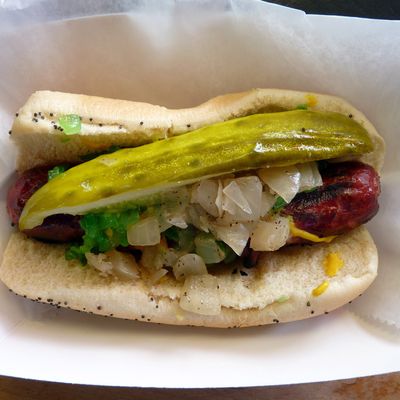 This is a Hot Doug's Polish sausage, a specialty of the house.