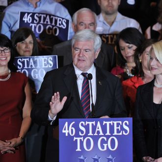 Republican presidential hopeful Newt Gingrich and his wife Callista Gingrich (R) at election night headquarters January 31, 2012 in Orlando, Florida. AFP PHOTO/Stan HONDA (Photo credit should read STAN HONDA/AFP/Getty Images)