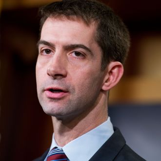 UNITED STATES - FEBRUARY 05: Sen. Tom Cotton, R-Ark., speaks during a news conference in the Capitol's Senate studio on the possibility of arming the Ukrainians in their conflict with Russian-backed rebels, February 5, 2015. (Photo By Tom Williams/CQ Roll Call)