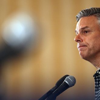 CONCORD, NH - JANUARY 06: Republican presidential candidate, former Utah Gov. Jon Huntsman speaks at the New England College Convention January 6, 2012 in Concord, New Hampshire. Huntsman, who recently received the endorsement of the Boston Globe, also commented on a controversial political web ad created by supporters of Ron Paul that uses images of Huntsman's adopted daughters. (Photo by Win McNamee/Getty Images)