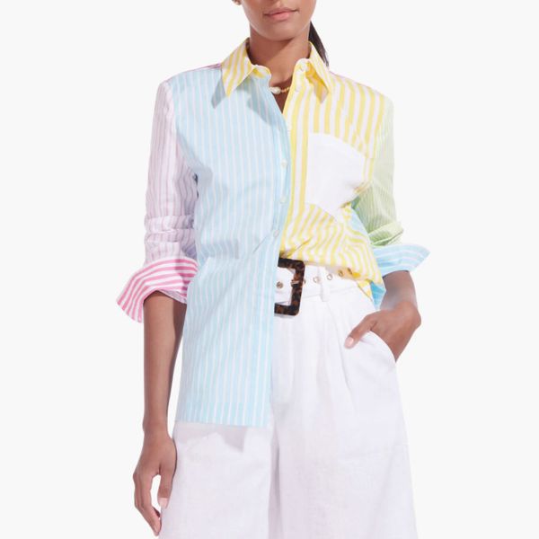 Staud Martha Mixed Stripe Stretch Cotton Button-Up Shirt