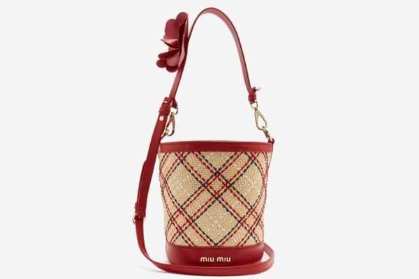Miu Miu Embroidered-Raffia Bucket Bag