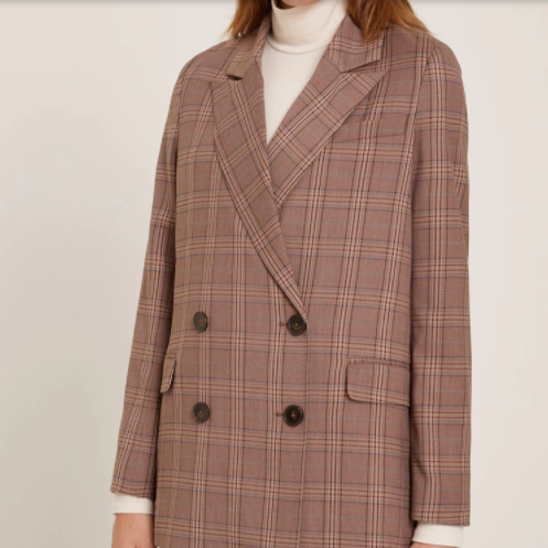 Frank and Oak Double-Breasted Plaid Blazer in Fudge