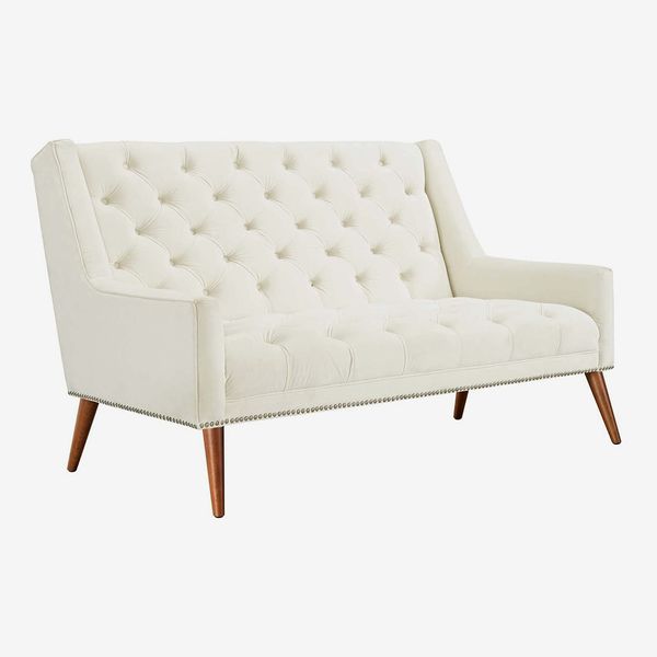 Modway Peruse Upholstered Modern Tufted Love Seat With Nailhead Trim in Ivory Velvet
